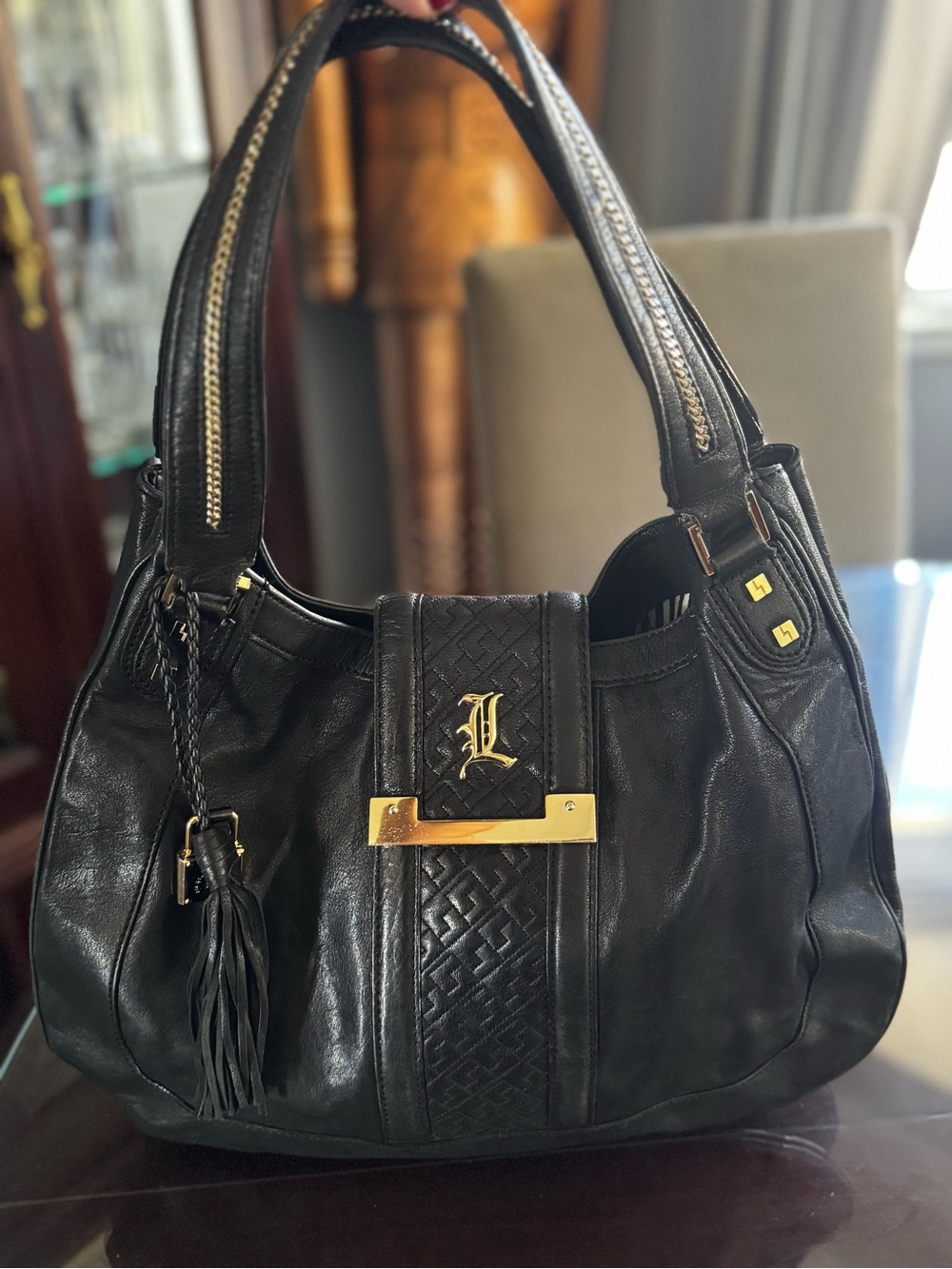 L.A.M.B. Black Leather Shoulder Bag with Gold Hardware